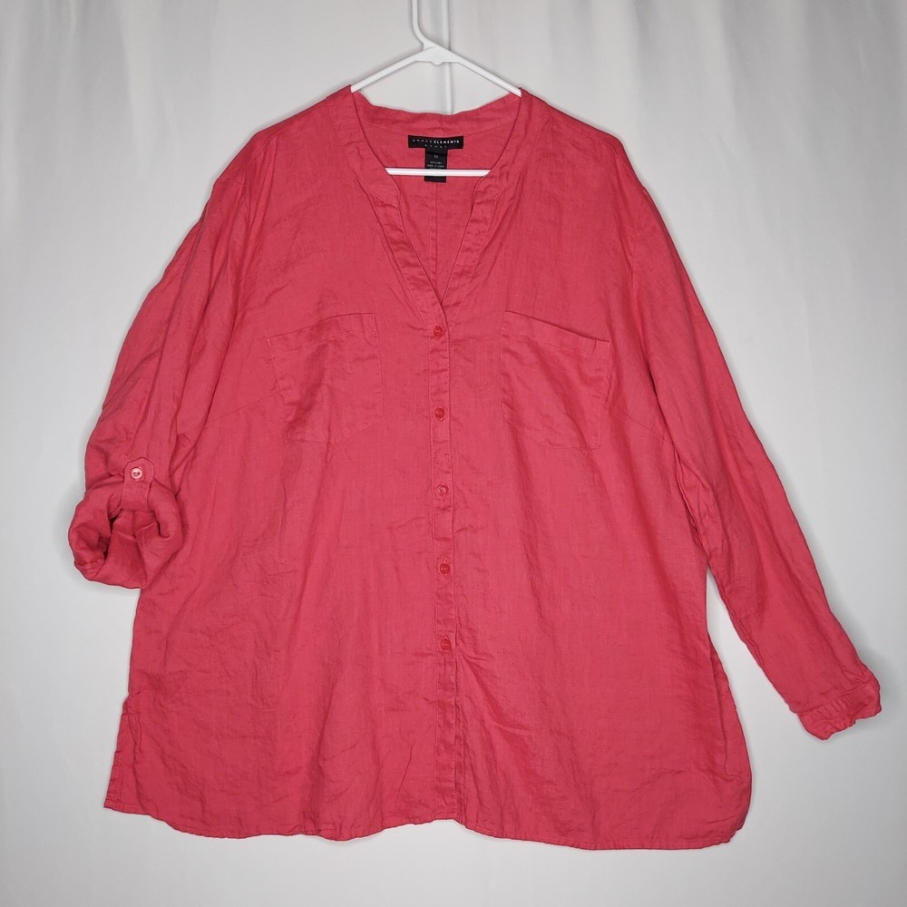 Grace Elements Linen‎ Button Collar Shirt Women 3X Red Pocket Long Roll Sleeve